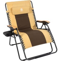 Outdoor Zero Gravity Chair Oversized XXL 33.5" Patio Padded Reclining Lounger with Pillow;  Side Table for Camping;  Lawn;  Garden Khaki/1pack